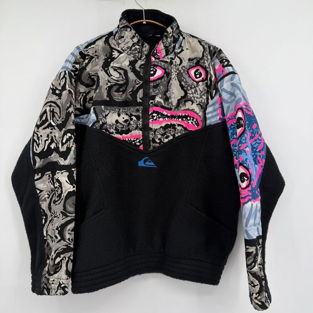 Vintage 90s Quiksilver USA Quarter Zip Fleece Pullover Graphic Surf Skate Jacket